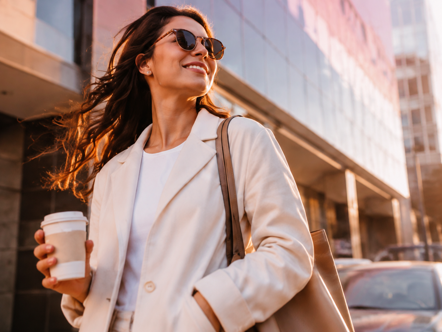 Mulher de óculos de sol caminhando na cidade com um café na mão
